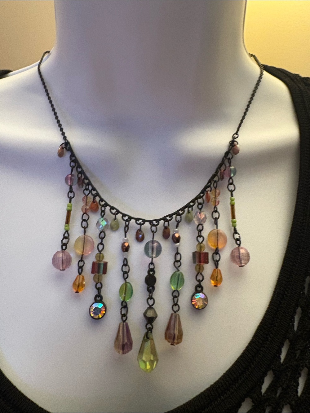 Multicolor Beaded Fringe Necklace AB Rhinestone Matte Black Chain 19”